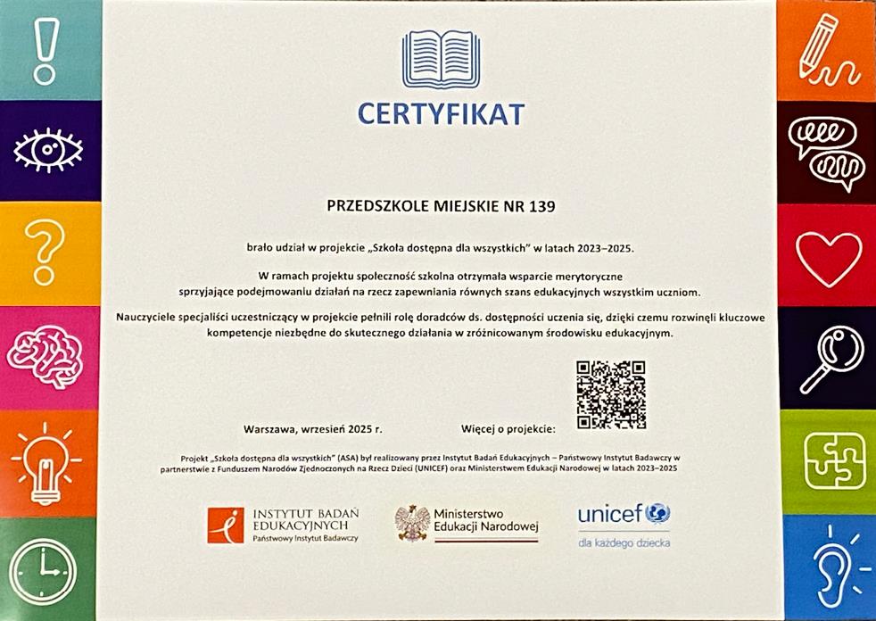 certyfikat Szkoła dostępna dla wszystkich